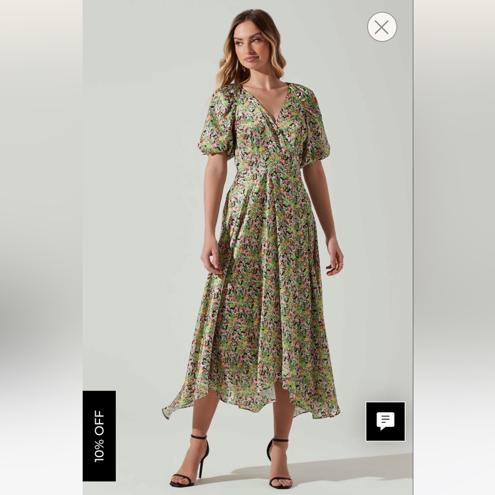 ASTR the Label Satin Floral Bubble Sleeve Wrap Midi Dress